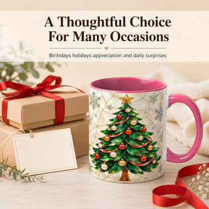 #pl[11oz|Pink] Mosaic Christmas Tree Coffee Mug, Snowflake Holiday Mug, Ceramic Cup