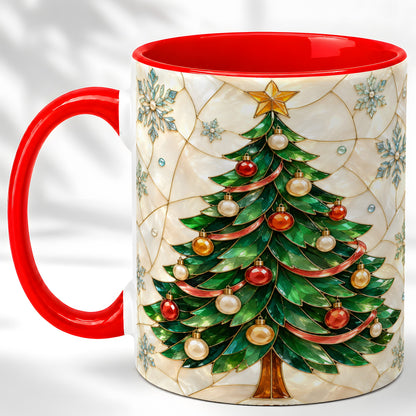 Mosaic Christmas Tree Coffee Mug, Snowflake Holiday Mug, Ceramic Cup