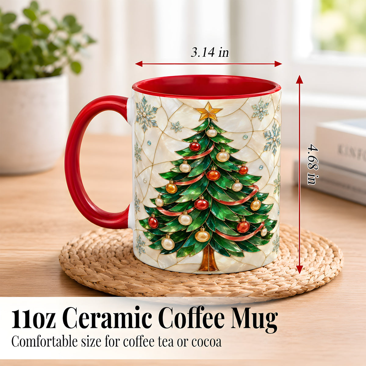 #pl[11oz|Red] Mosaic Christmas Tree Coffee Mug, Snowflake Holiday Mug, Ceramic Cup