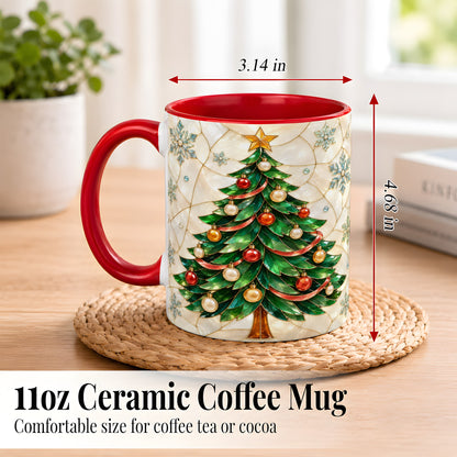 #pl[11oz|Red] Mosaic Christmas Tree Coffee Mug, Snowflake Holiday Mug, Ceramic Cup