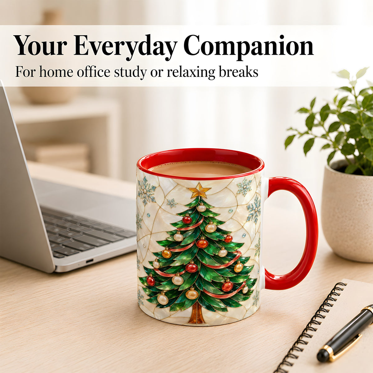 #pl[11oz|Red] Mosaic Christmas Tree Coffee Mug, Snowflake Holiday Mug, Ceramic Cup
