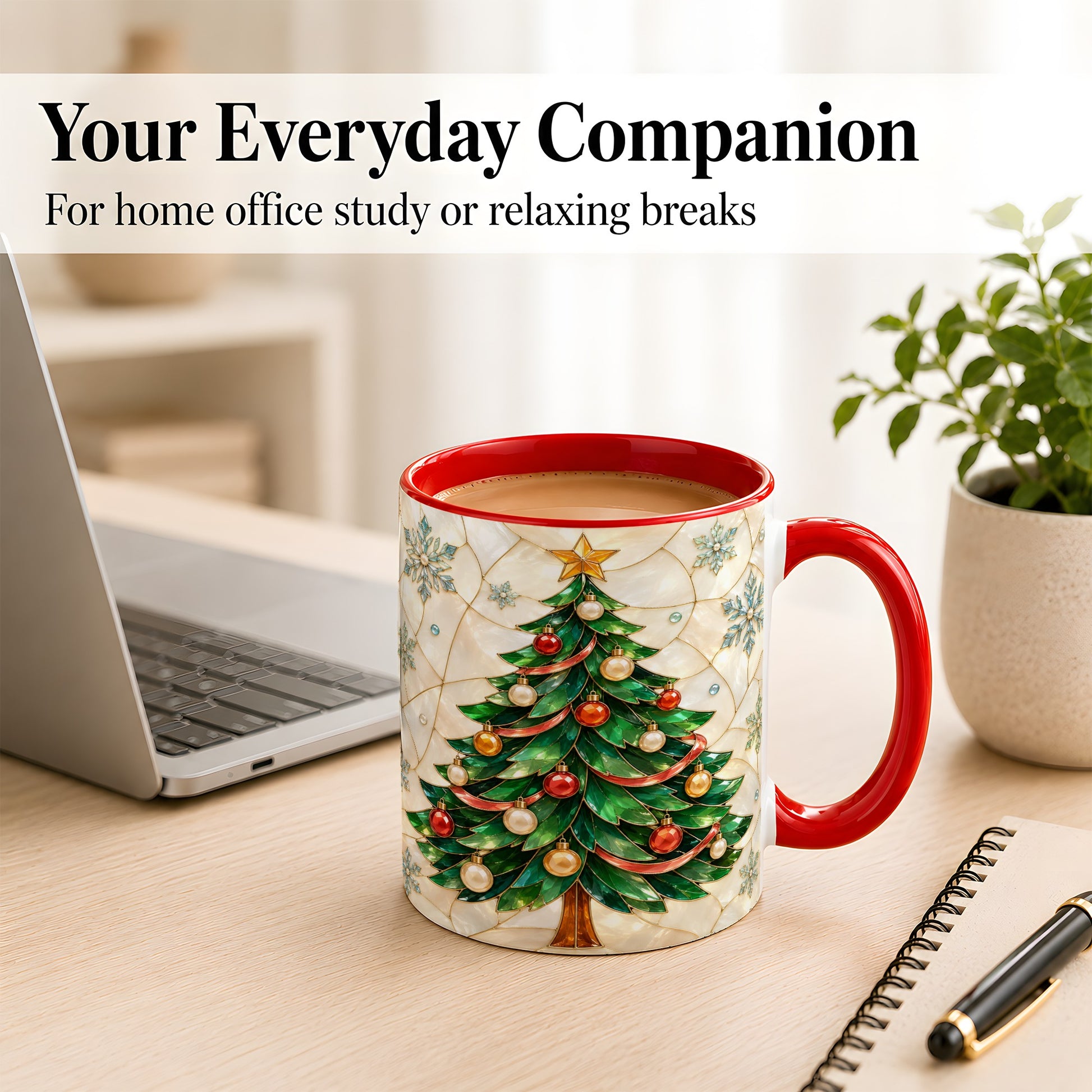 #pl[11oz|Red] Mosaic Christmas Tree Coffee Mug, Snowflake Holiday Mug, Ceramic Cup
