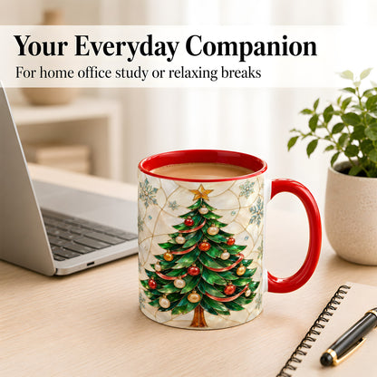 #pl[11oz|Red] Mosaic Christmas Tree Coffee Mug, Snowflake Holiday Mug, Ceramic Cup