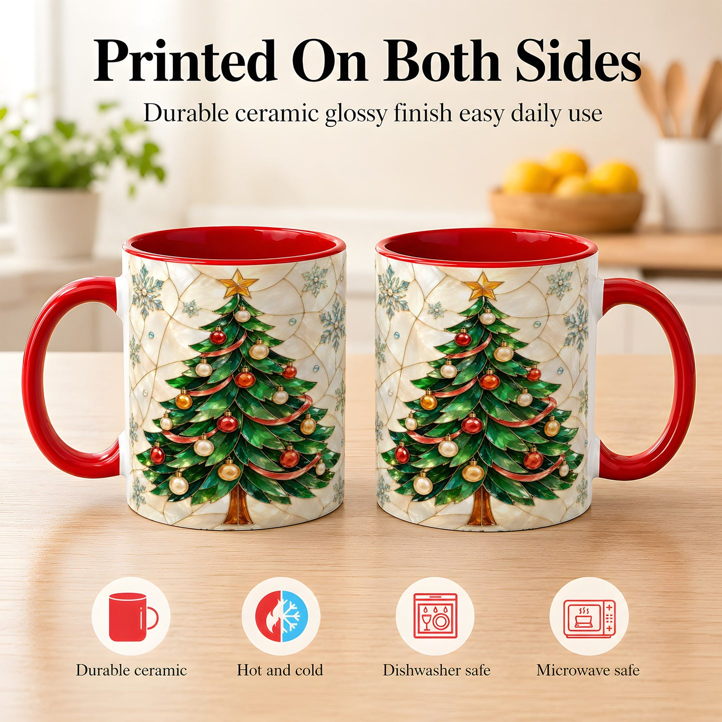 #pl[11oz|Red] Mosaic Christmas Tree Coffee Mug, Snowflake Holiday Mug, Ceramic Cup