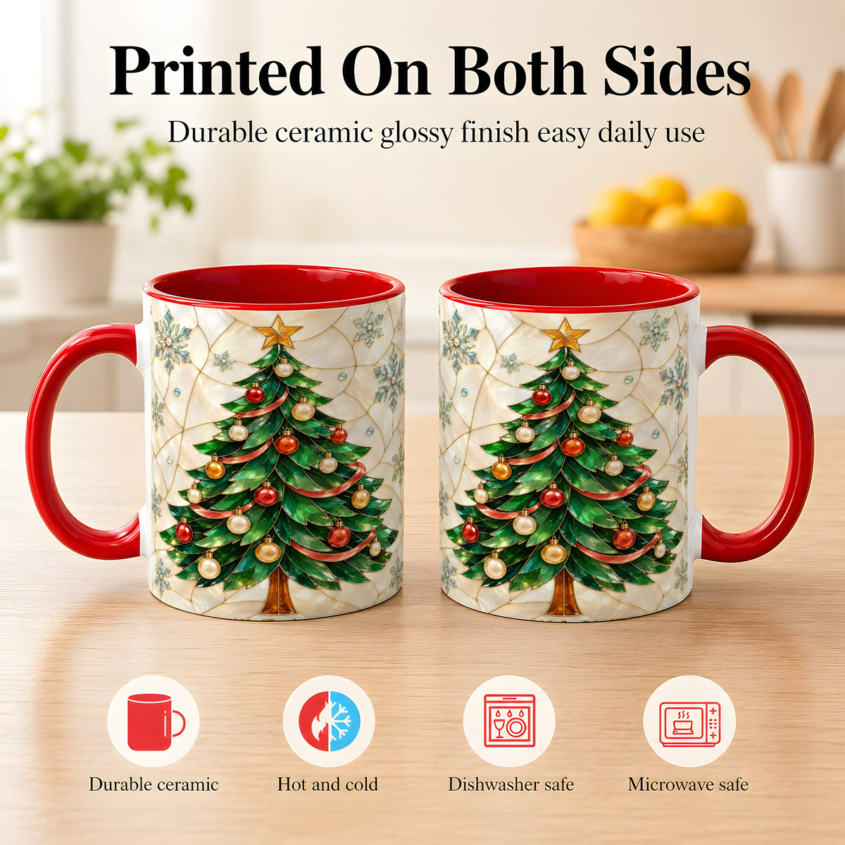 #pl[11oz|Red] Mosaic Christmas Tree Coffee Mug, Snowflake Holiday Mug, Ceramic Cup