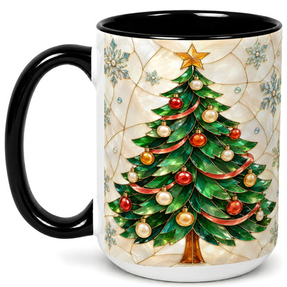 #pl[15oz|Black] Mosaic Christmas Tree Coffee Mug, Snowflake Holiday Mug, Ceramic Cup