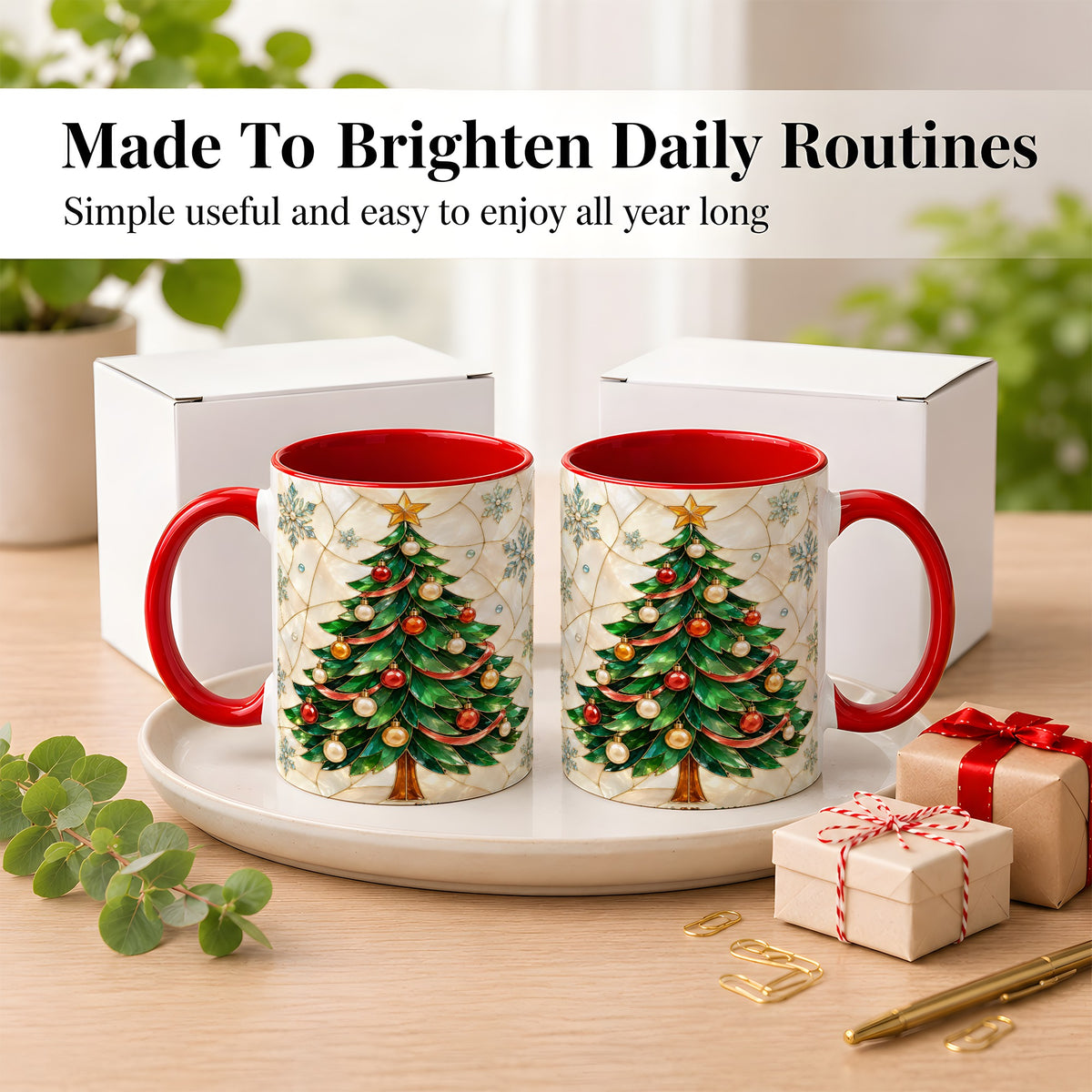 #pl[11oz|Red] Mosaic Christmas Tree Coffee Mug, Snowflake Holiday Mug, Ceramic Cup