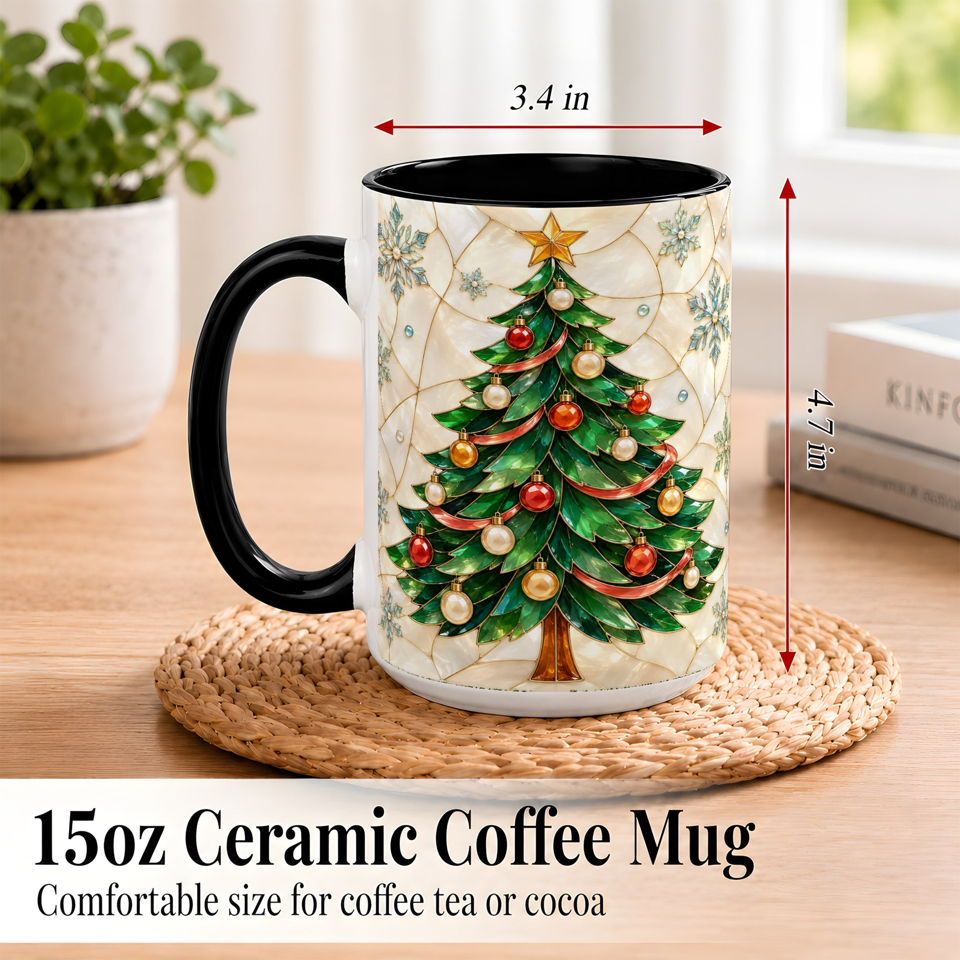 #pl[15oz|Black] Mosaic Christmas Tree Coffee Mug, Snowflake Holiday Mug, Ceramic Cup