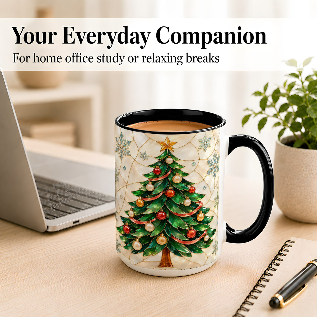 #pl[15oz|Black] Mosaic Christmas Tree Coffee Mug, Snowflake Holiday Mug, Ceramic Cup
