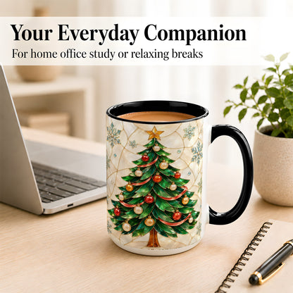 #pl[15oz|Black] Mosaic Christmas Tree Coffee Mug, Snowflake Holiday Mug, Ceramic Cup