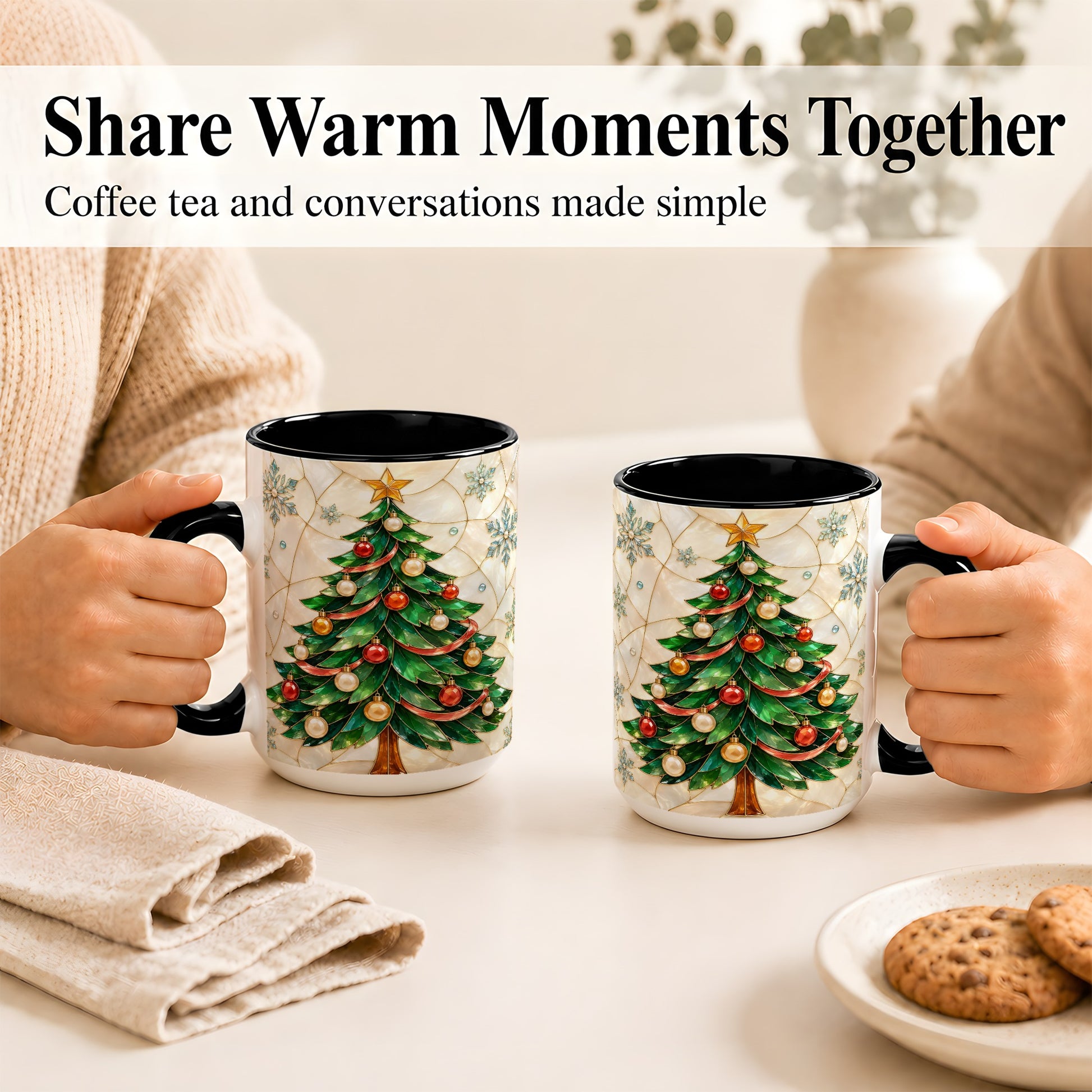 #pl[15oz|Black] Mosaic Christmas Tree Coffee Mug, Snowflake Holiday Mug, Ceramic Cup