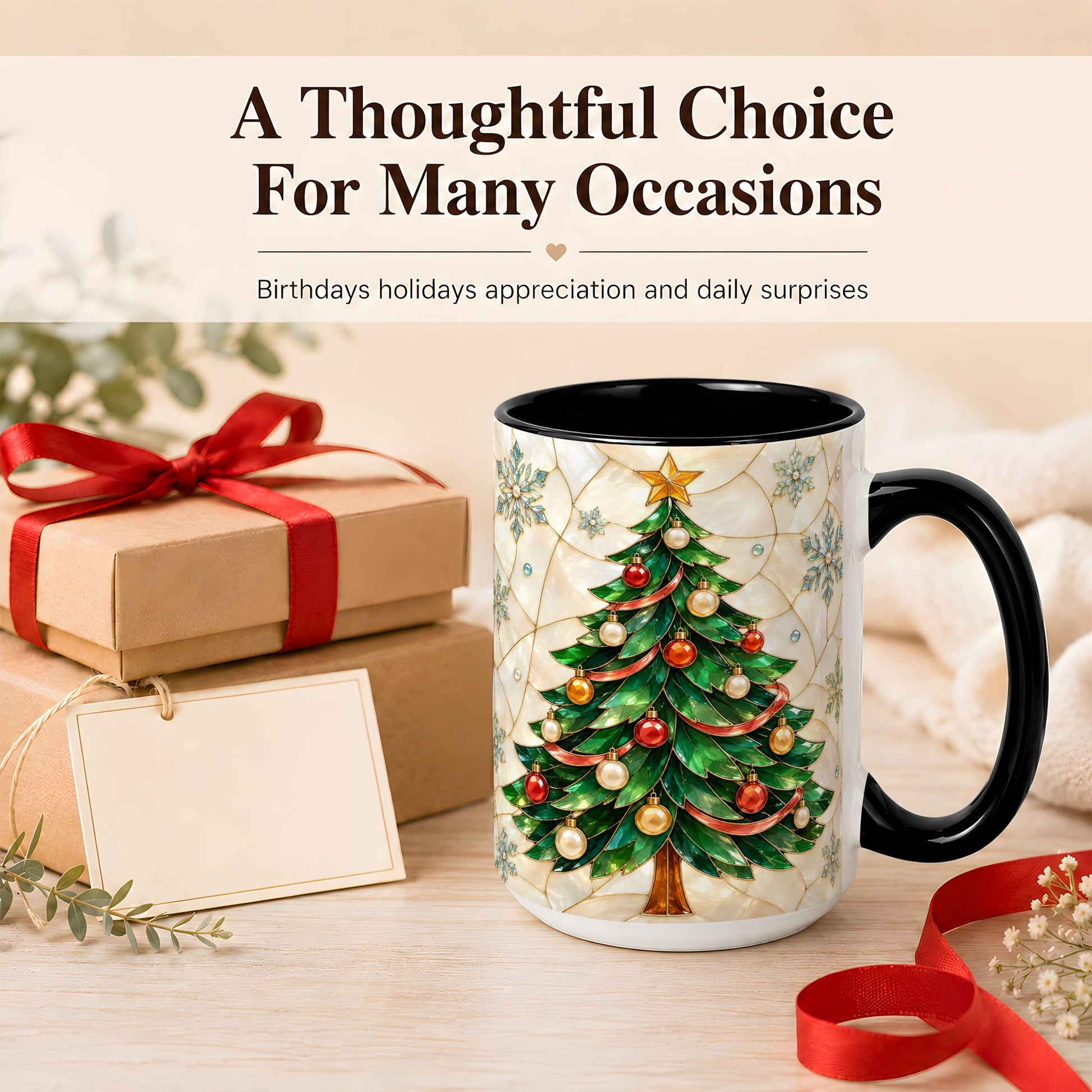#pl[15oz|Black] Mosaic Christmas Tree Coffee Mug, Snowflake Holiday Mug, Ceramic Cup