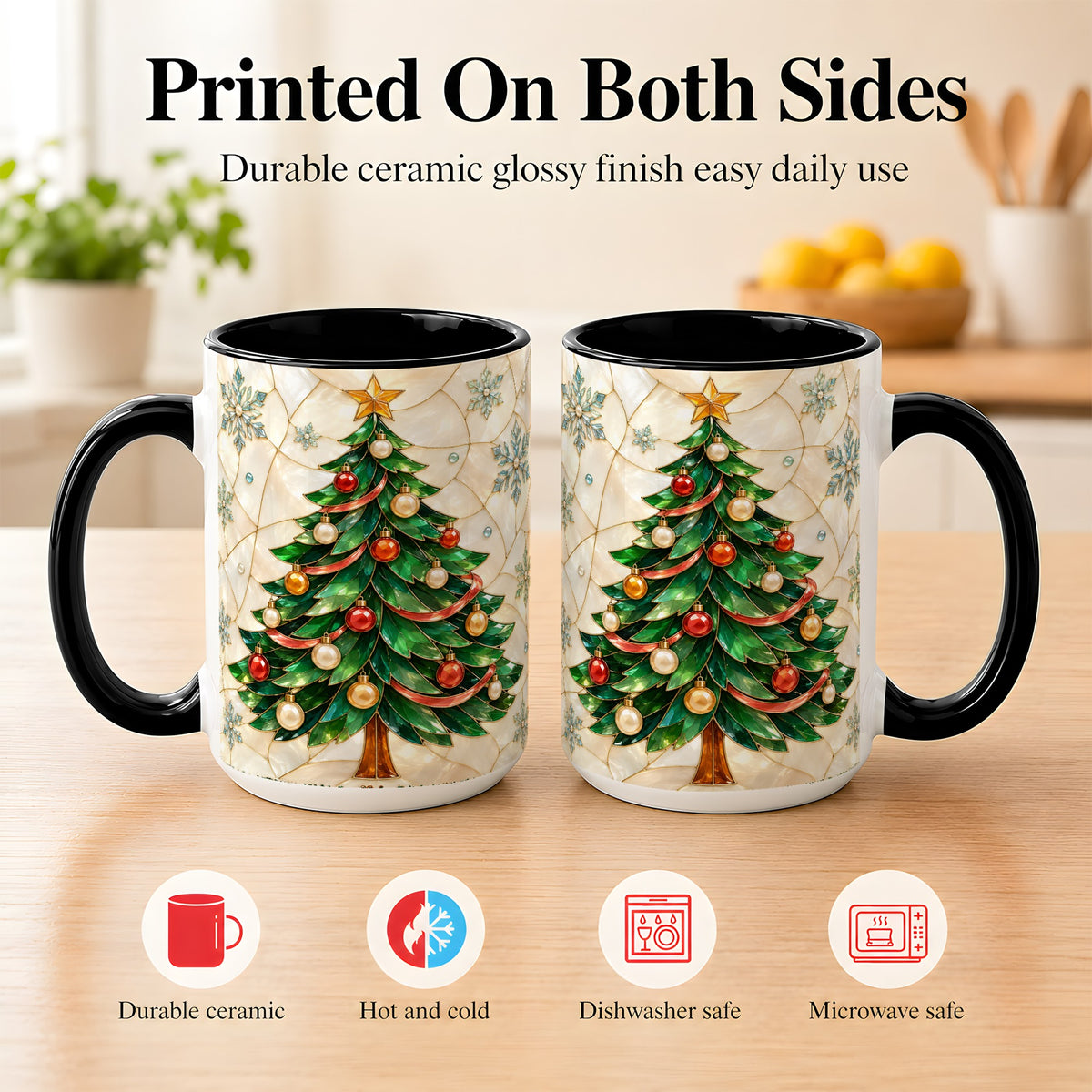 #pl[15oz|Black] Mosaic Christmas Tree Coffee Mug, Snowflake Holiday Mug, Ceramic Cup
