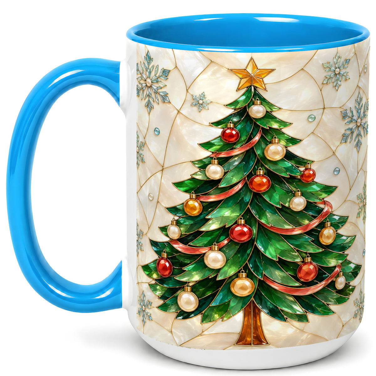 #pl[15oz|Blue] Mosaic Christmas Tree Coffee Mug, Snowflake Holiday Mug, Ceramic Cup