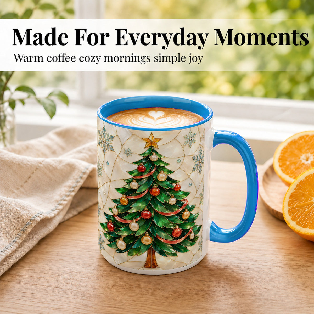 #pl[15oz|Blue] Mosaic Christmas Tree Coffee Mug, Snowflake Holiday Mug, Ceramic Cup