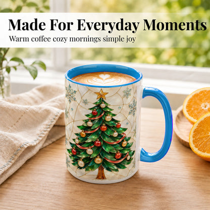 #pl[15oz|Blue] Mosaic Christmas Tree Coffee Mug, Snowflake Holiday Mug, Ceramic Cup
