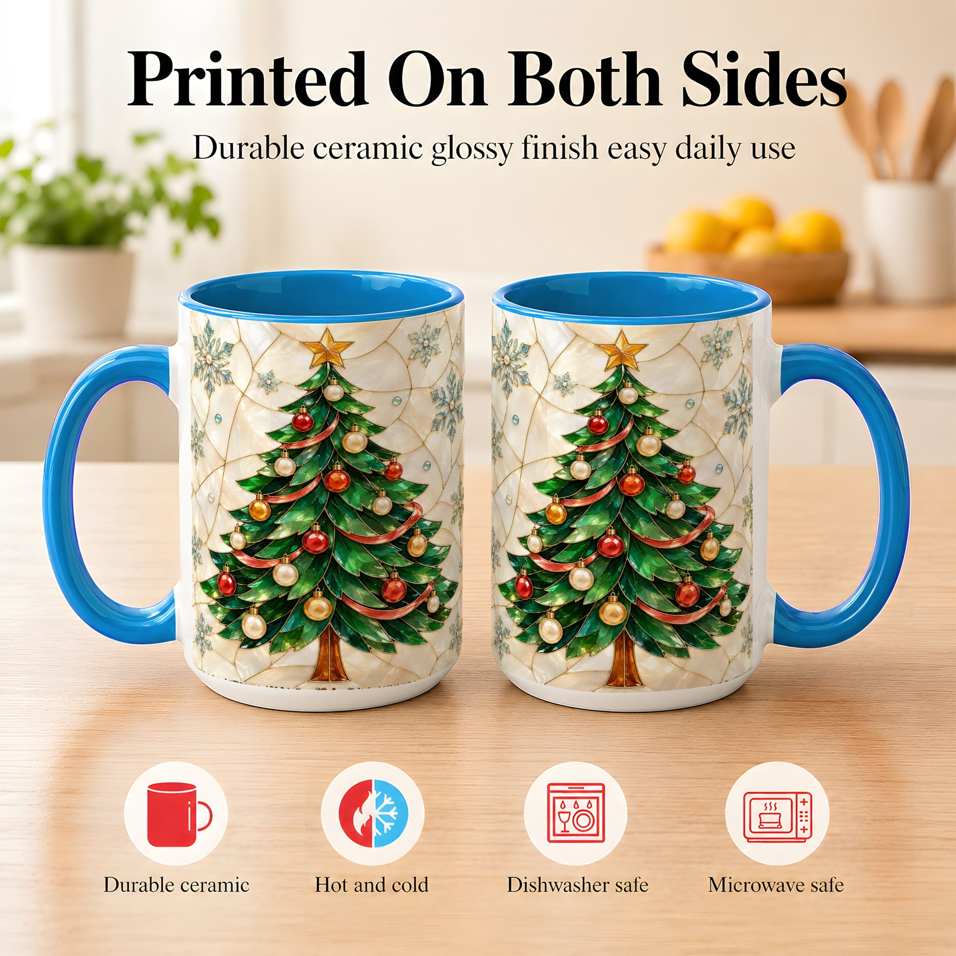 #pl[15oz|Blue] Mosaic Christmas Tree Coffee Mug, Snowflake Holiday Mug, Ceramic Cup