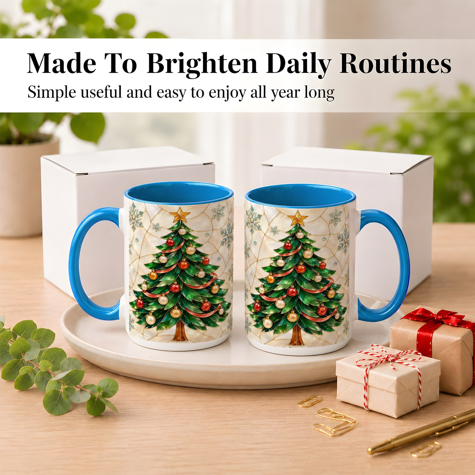 #pl[15oz|Blue] Mosaic Christmas Tree Coffee Mug, Snowflake Holiday Mug, Ceramic Cup