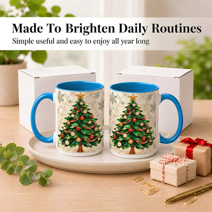 #pl[15oz|Blue] Mosaic Christmas Tree Coffee Mug, Snowflake Holiday Mug, Ceramic Cup