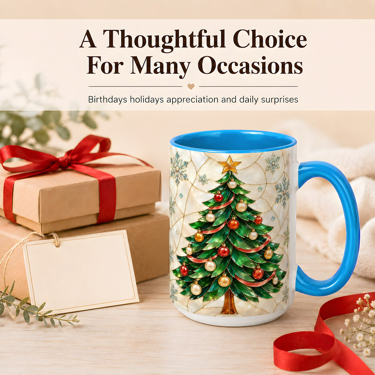 #pl[15oz|Blue] Mosaic Christmas Tree Coffee Mug, Snowflake Holiday Mug, Ceramic Cup