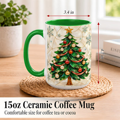 #pl[15oz|Green] Mosaic Christmas Tree Coffee Mug, Snowflake Holiday Mug, Ceramic Cup