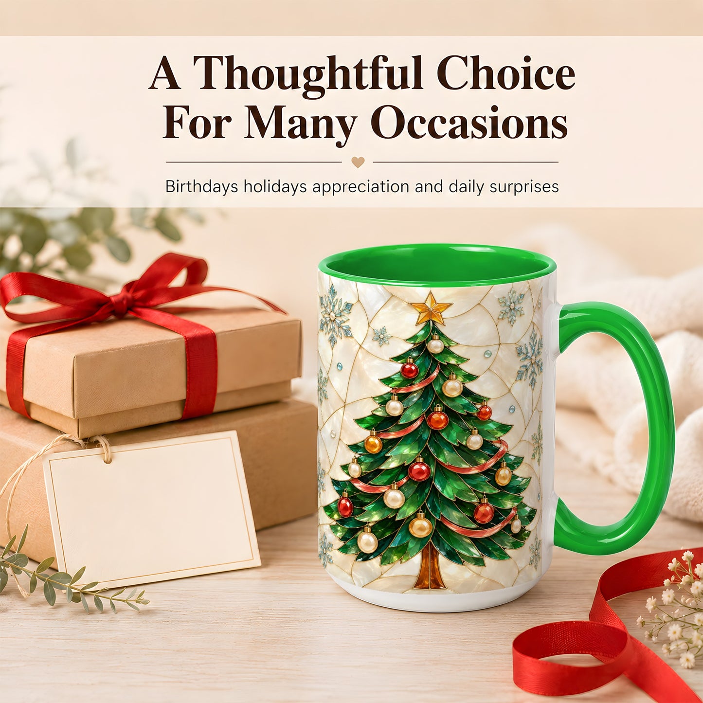 #pl[15oz|Green] Mosaic Christmas Tree Coffee Mug, Snowflake Holiday Mug, Ceramic Cup