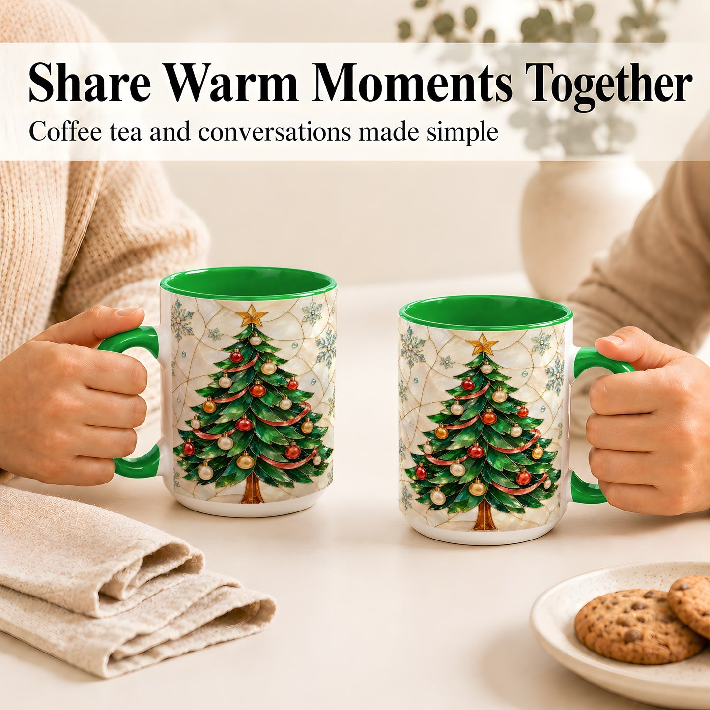 #pl[15oz|Green] Mosaic Christmas Tree Coffee Mug, Snowflake Holiday Mug, Ceramic Cup