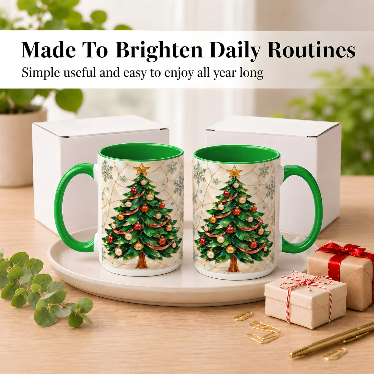 #pl[15oz|Green] Mosaic Christmas Tree Coffee Mug, Snowflake Holiday Mug, Ceramic Cup