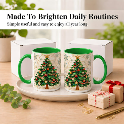#pl[15oz|Green] Mosaic Christmas Tree Coffee Mug, Snowflake Holiday Mug, Ceramic Cup