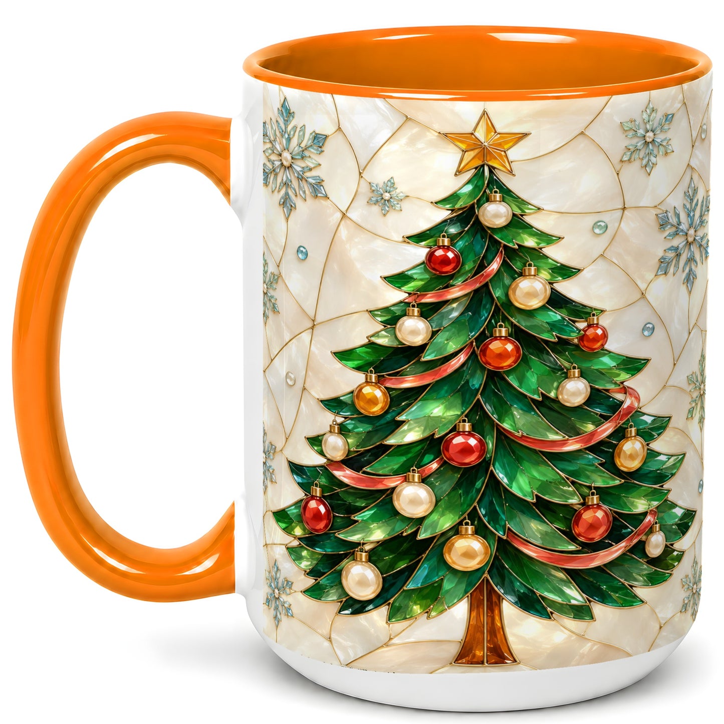 #pl[15oz|Orange] Mosaic Christmas Tree Coffee Mug, Snowflake Holiday Mug, Ceramic Cup