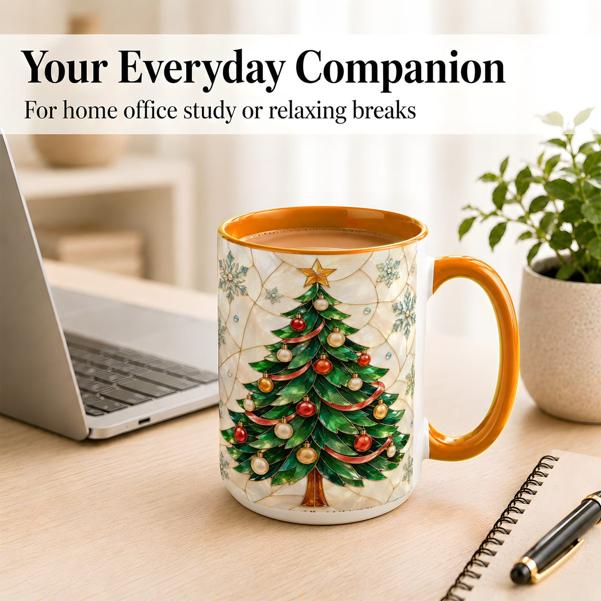#pl[15oz|Orange] Mosaic Christmas Tree Coffee Mug, Snowflake Holiday Mug, Ceramic Cup