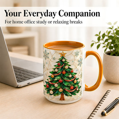 #pl[15oz|Orange] Mosaic Christmas Tree Coffee Mug, Snowflake Holiday Mug, Ceramic Cup