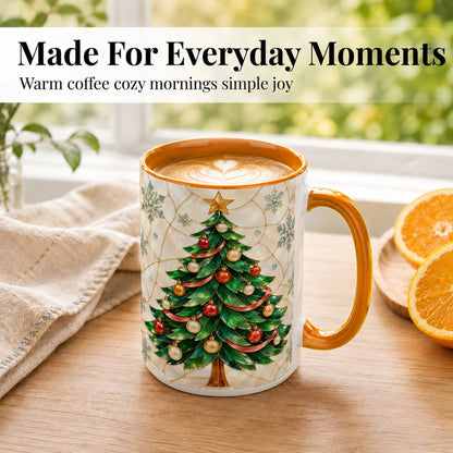 #pl[15oz|Orange] Mosaic Christmas Tree Coffee Mug, Snowflake Holiday Mug, Ceramic Cup