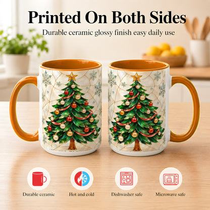 #pl[15oz|Orange] Mosaic Christmas Tree Coffee Mug, Snowflake Holiday Mug, Ceramic Cup