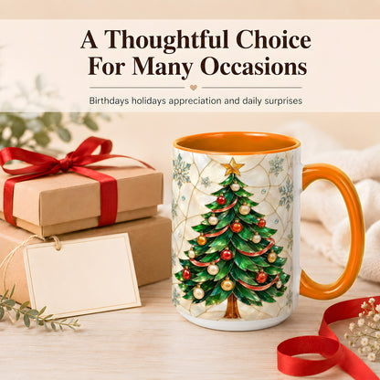 #pl[15oz|Orange] Mosaic Christmas Tree Coffee Mug, Snowflake Holiday Mug, Ceramic Cup