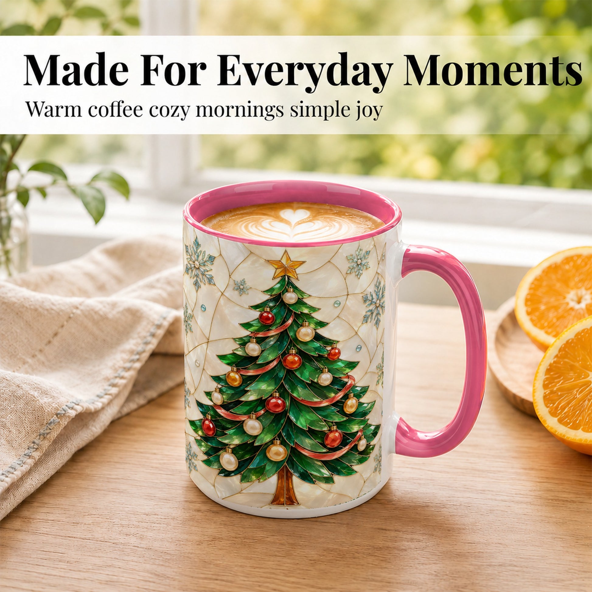#pl[15oz|Pink] Mosaic Christmas Tree Coffee Mug, Snowflake Holiday Mug, Ceramic Cup