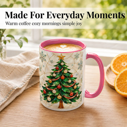 #pl[15oz|Pink] Mosaic Christmas Tree Coffee Mug, Snowflake Holiday Mug, Ceramic Cup
