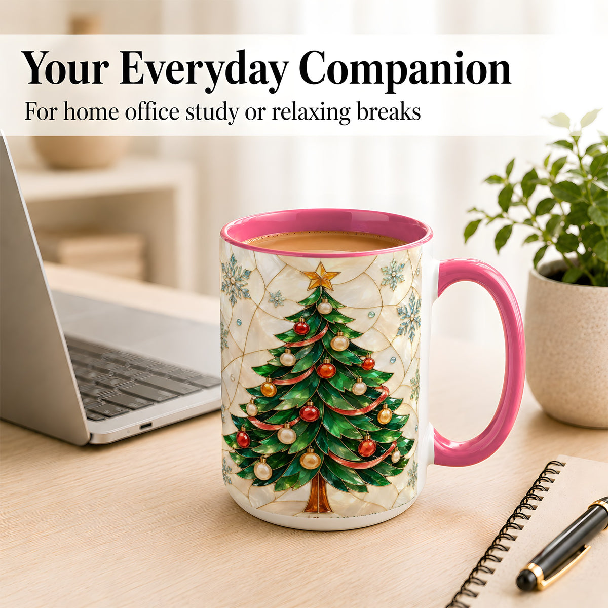 #pl[15oz|Pink] Mosaic Christmas Tree Coffee Mug, Snowflake Holiday Mug, Ceramic Cup