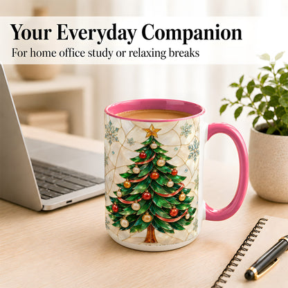 #pl[15oz|Pink] Mosaic Christmas Tree Coffee Mug, Snowflake Holiday Mug, Ceramic Cup
