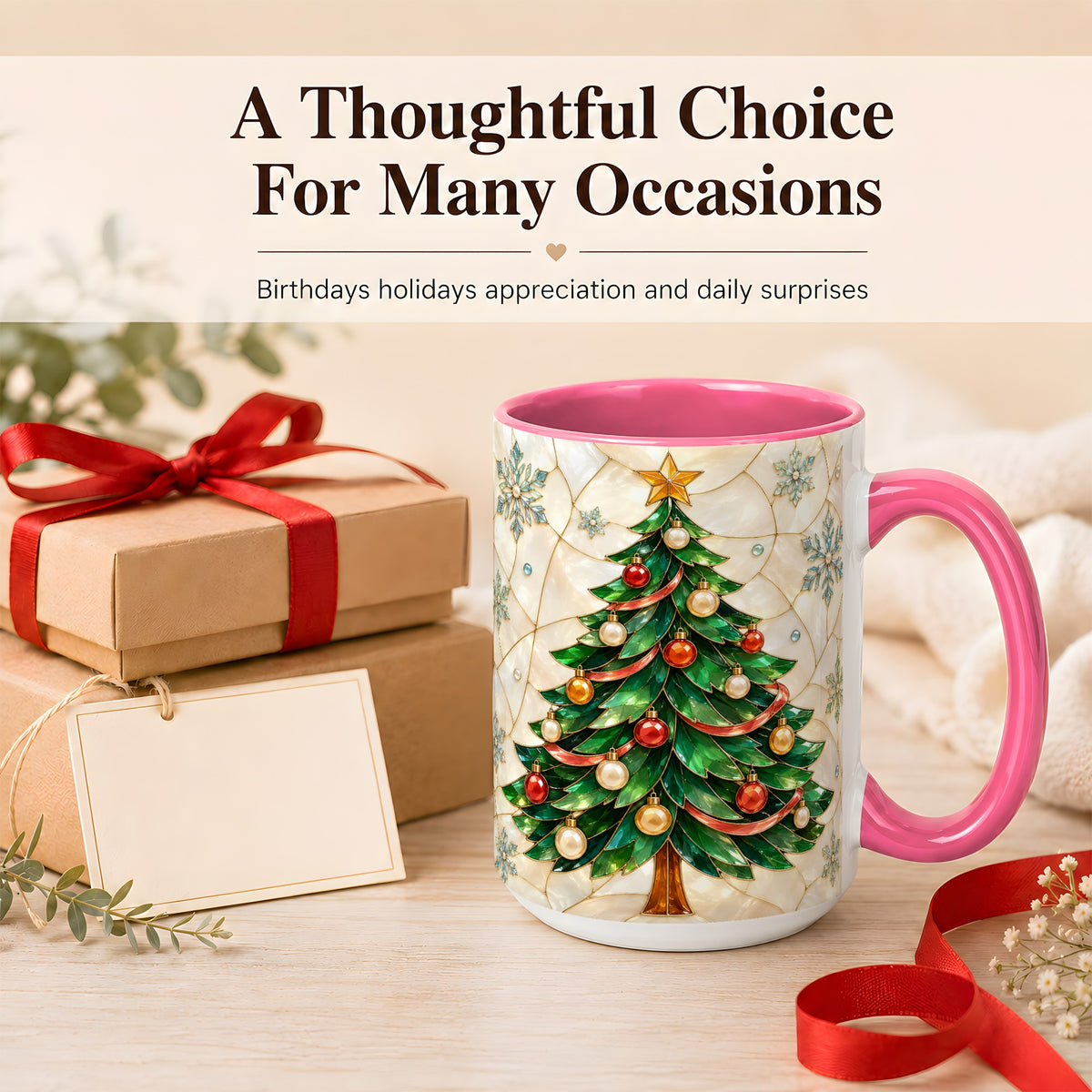 #pl[15oz|Pink] Mosaic Christmas Tree Coffee Mug, Snowflake Holiday Mug, Ceramic Cup