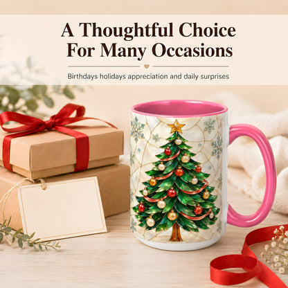 #pl[15oz|Pink] Mosaic Christmas Tree Coffee Mug, Snowflake Holiday Mug, Ceramic Cup
