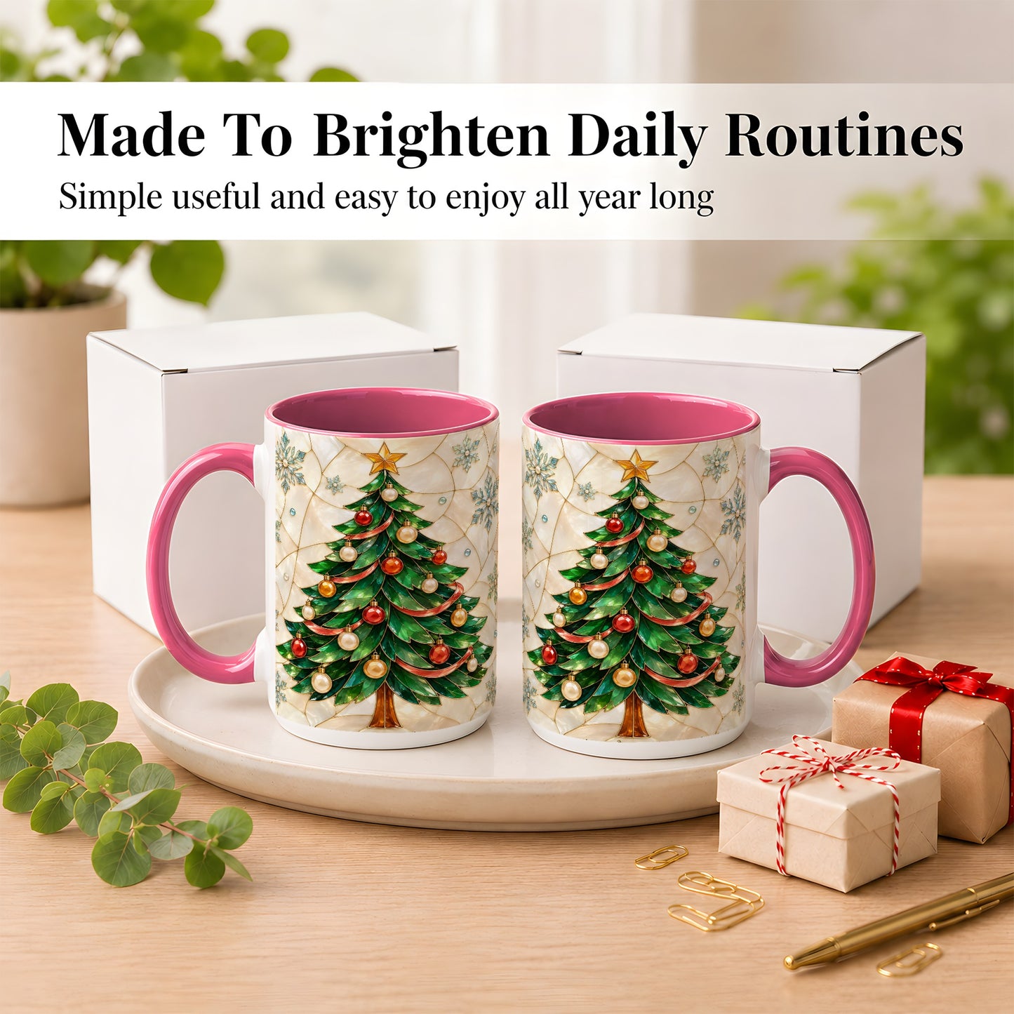#pl[15oz|Pink] Mosaic Christmas Tree Coffee Mug, Snowflake Holiday Mug, Ceramic Cup