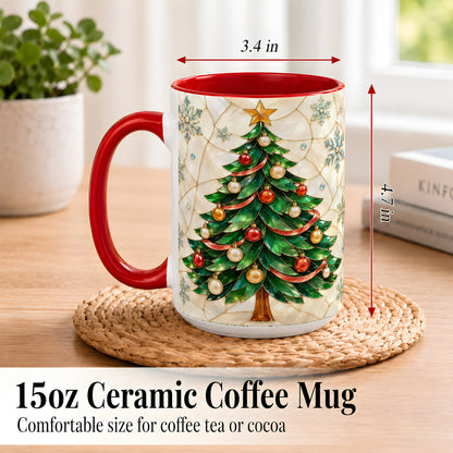 #pl[15oz|Red] Mosaic Christmas Tree Coffee Mug, Snowflake Holiday Mug, Ceramic Cup