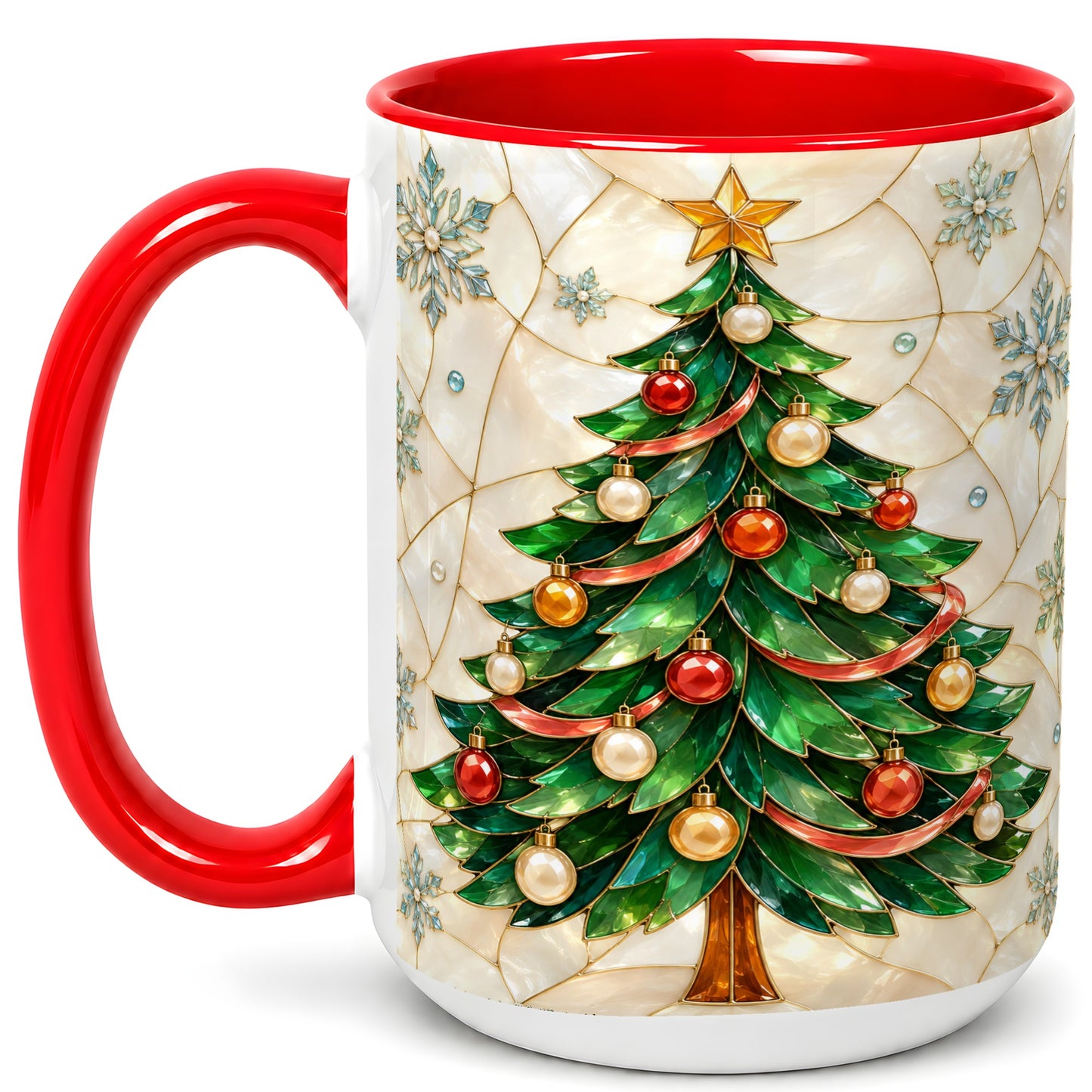 #pl[15oz|Red] Mosaic Christmas Tree Coffee Mug, Snowflake Holiday Mug, Ceramic Cup
