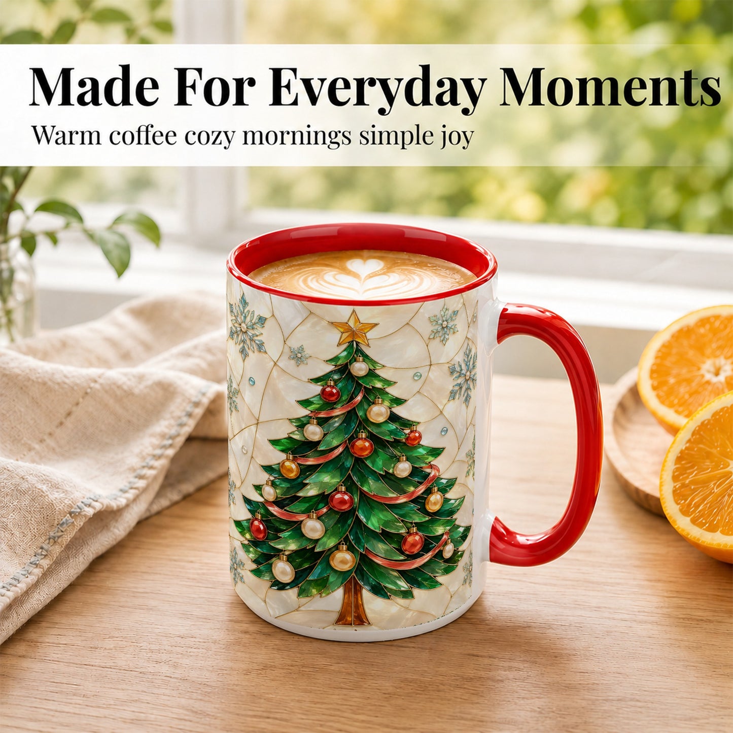 #pl[15oz|Red] Mosaic Christmas Tree Coffee Mug, Snowflake Holiday Mug, Ceramic Cup