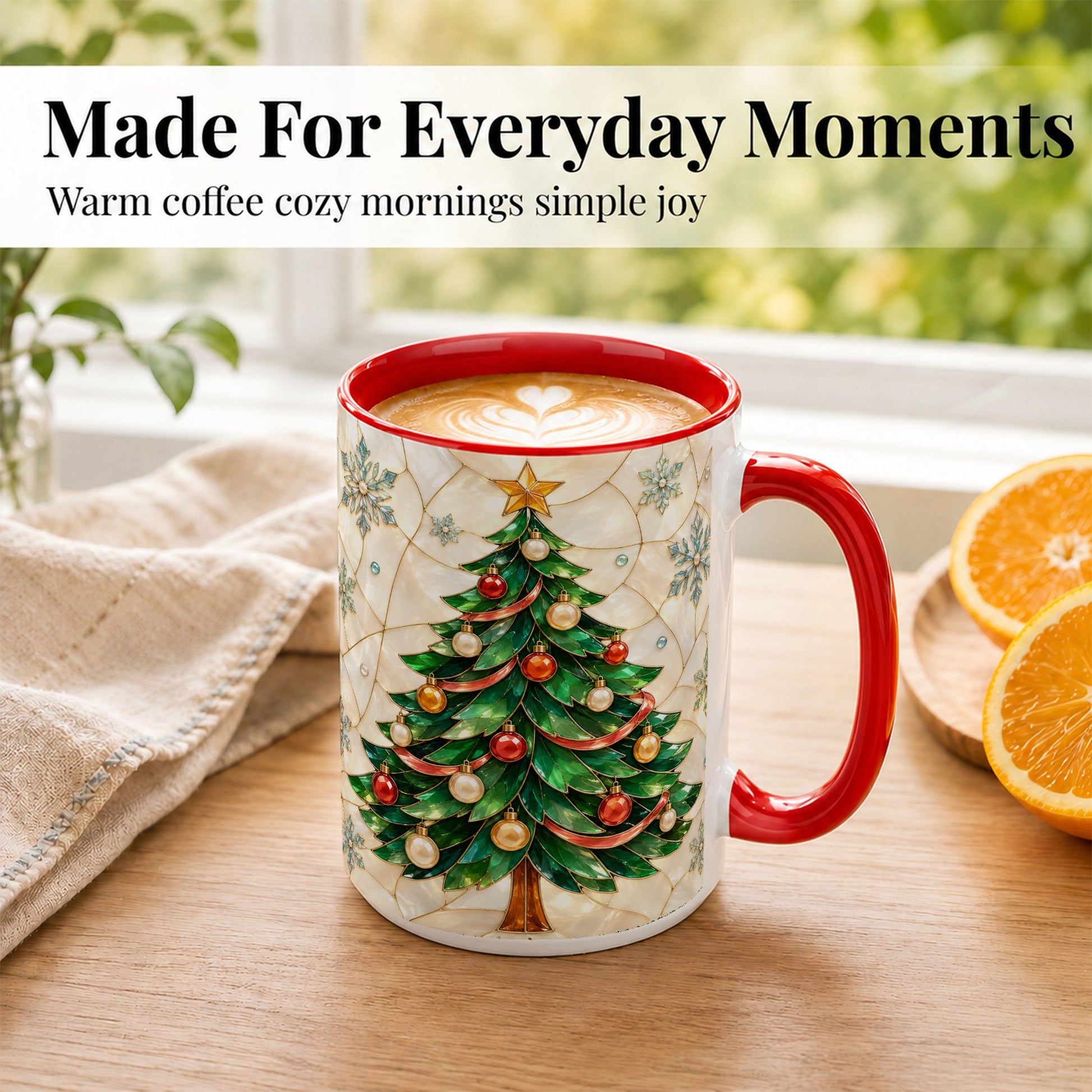 #pl[15oz|Red] Mosaic Christmas Tree Coffee Mug, Snowflake Holiday Mug, Ceramic Cup