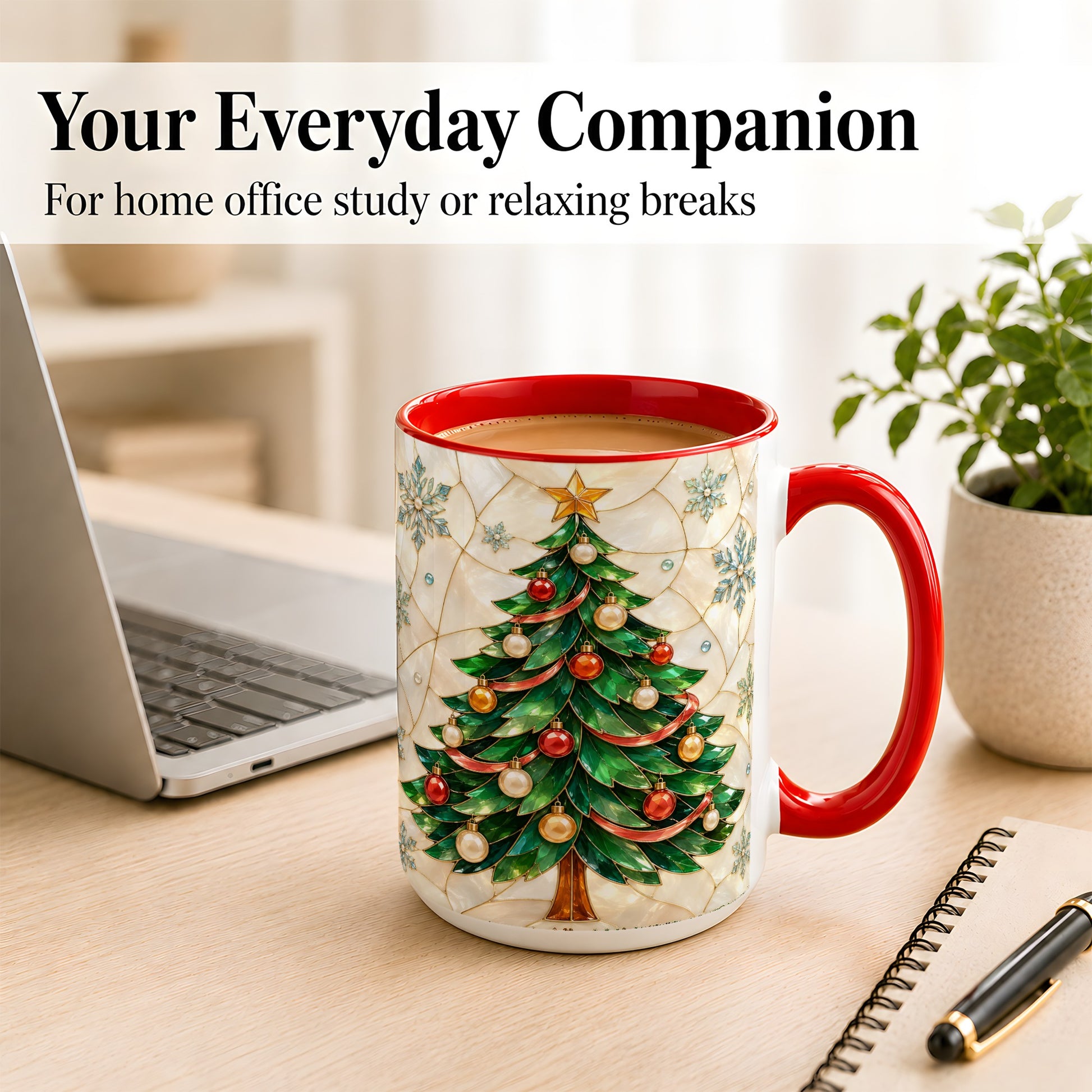 #pl[15oz|Red] Mosaic Christmas Tree Coffee Mug, Snowflake Holiday Mug, Ceramic Cup