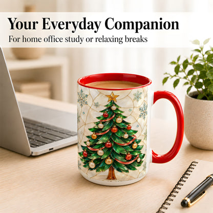 #pl[15oz|Red] Mosaic Christmas Tree Coffee Mug, Snowflake Holiday Mug, Ceramic Cup