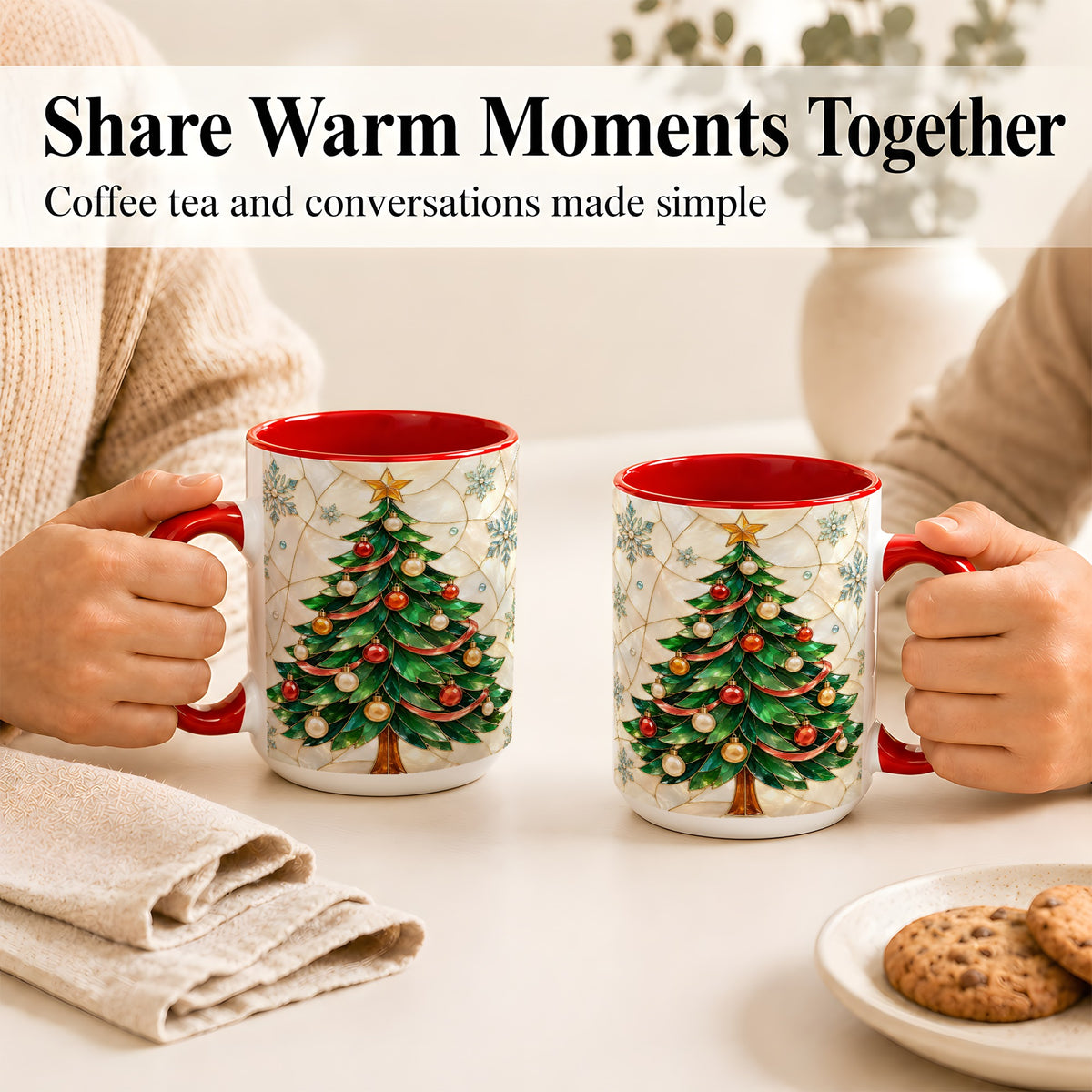 #pl[15oz|Red] Mosaic Christmas Tree Coffee Mug, Snowflake Holiday Mug, Ceramic Cup