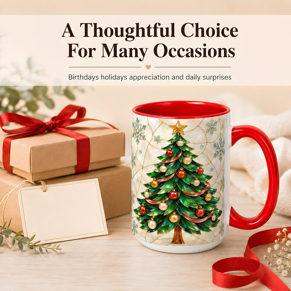 #pl[15oz|Red] Mosaic Christmas Tree Coffee Mug, Snowflake Holiday Mug, Ceramic Cup